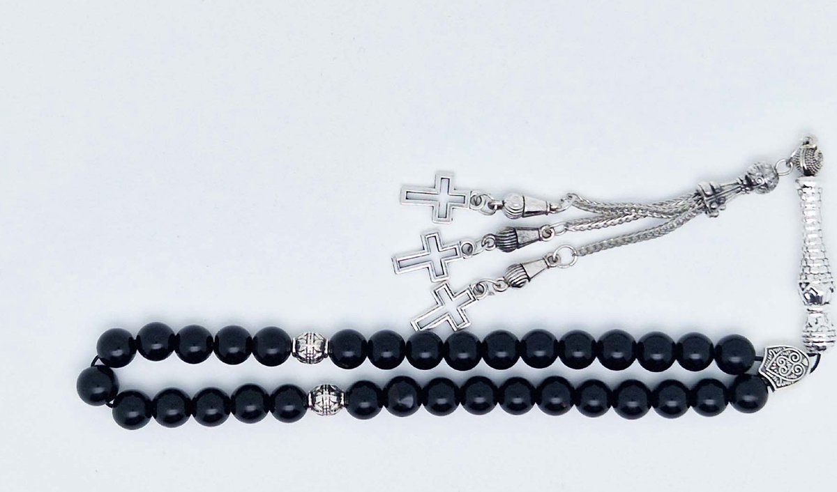 Handgemaakte tesbih klassiek - "Tasbih" natuursteen "Obsidian" - Aantal kralen 33 - Diameter kralen 8 MM - met metaal tassel "Kruis" - Een mooi cadeau-idee