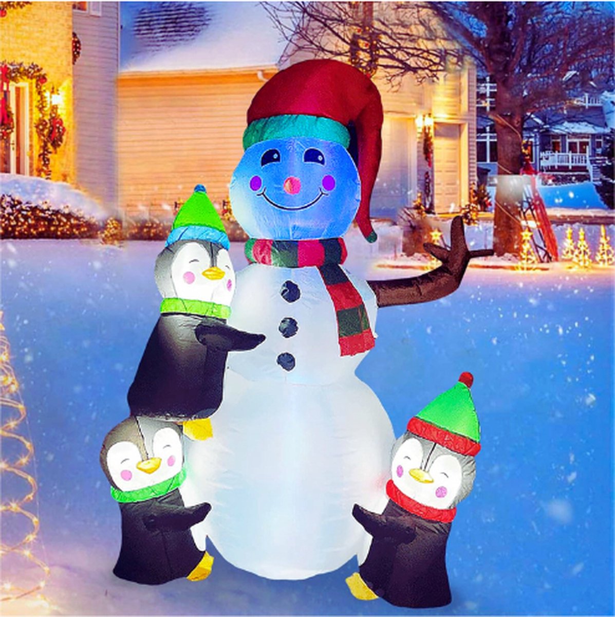 180 CM Opblaasbare Kerstsneeuwman Met 3 Pinguïns-Ingebouwde Zandzak-4 Palen En 4 Touwen-Buiten Kerstdecoratie-Gigantische Sneeuwpop Buiten Opblaasbare Gazon Feestdecoratie