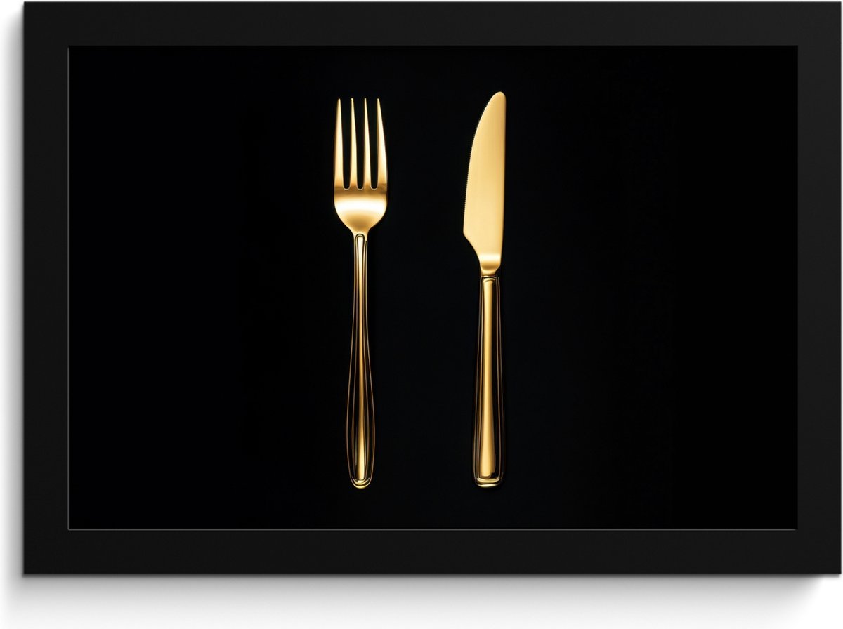 FrameYourWall Fotolijst inclusief poster - Posterlijst 30x20 cm - Posters - Bestek - Goud - Mes - Vork - Foto in lijst - Keuken decoratie muur - Wanddecoratie accessoires - Muurdecoratie - Schilderijen