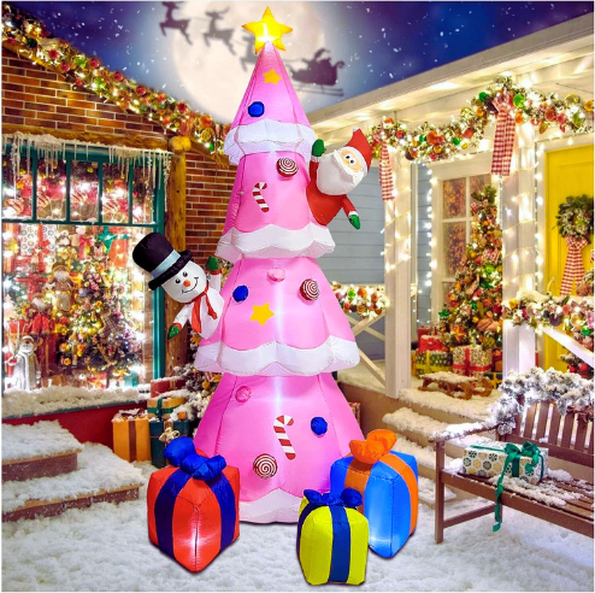 Opblaasbare Kerstboom-Roze Kerstboom Met Kerstman En Sneeuwpop-Geschenkdoos-Opblaasbare Kerstversiering Met Ingebouwde LED-Verlichting Voor Kerstmis-Vakantie-Feest-Tuin-Decoratie