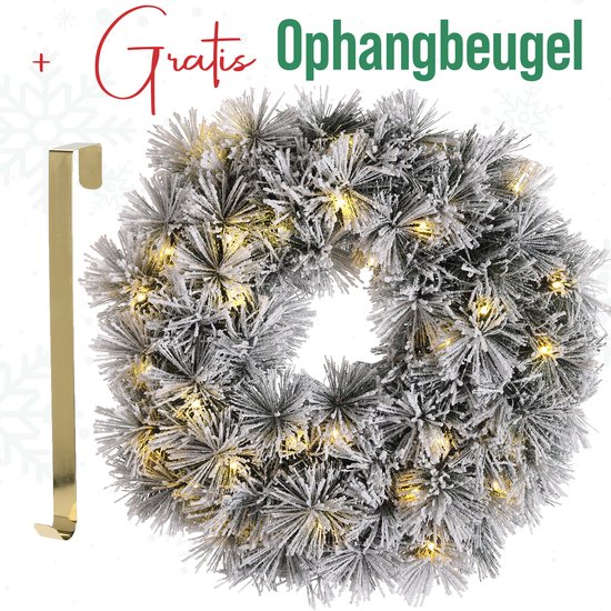 Meisterhome Sneeuw Kerstkrans van 50 cm - Met Gratis Gouden Ophangbeugel en 35 Warmwitte LED's + Timer - Kerstkrans met Verlichting - Kerstkransen - met Lampjes voor Buiten - Kerst - Voordeur - Kerstkrans - Kerstguirlande