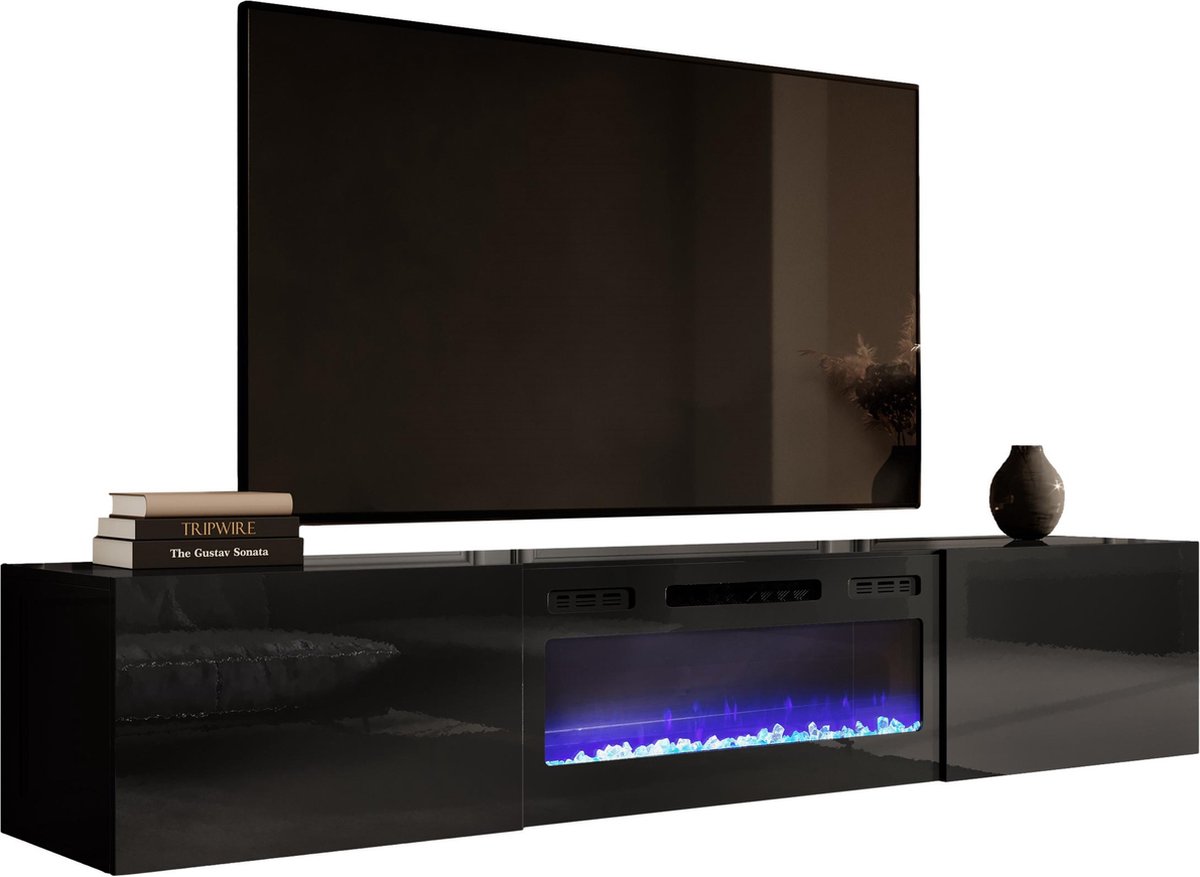 home style Zwevend Tv-meubel Slide 200 cm breed hoogglans zwart met sfeerhaard