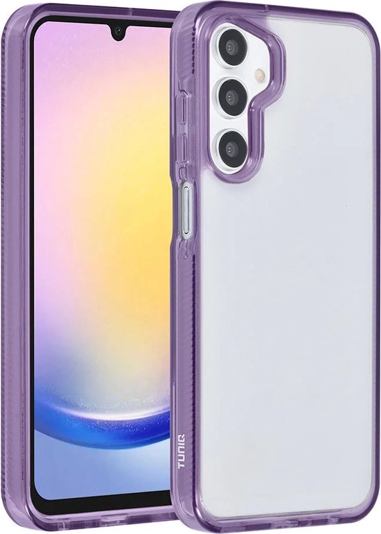 Coque de téléphone violette transparente avec côtés texturés, bordure violette autour de l'objectif de la caméra.