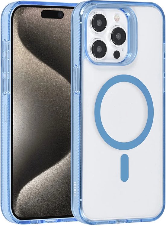 iPhone 15 Pro Max avec coque transparente à bordure bleue et cercle Magsafe.