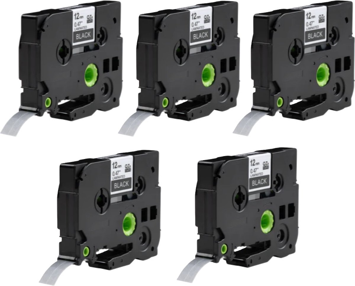Label Tape Geschikt voor Brother Tze-335 | 12 mm x 8 m | Wit op Zwart - 5 stuks - Geschikt voor: GL-100 PT-1830 PT-7100VP PT-D600VP GL-200 PT-2030 PT-7500VP PT-E100VP GL-H105 PT-2100VP PT-7600 PT-E300VP PT-1000 PT-2420PC PT-9500 PT-E550WVP PT-1010