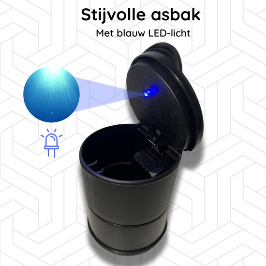 Zwarte auto-asbak met open deksel, blauwe LED-verlichting. Tekst: 'Stijlvolle asbak' en 'Met blauw LED-licht'.