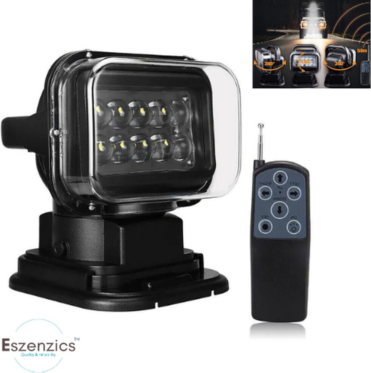 Eszenzics™ Zoeklicht Pro6 - Robuuste heldere schijnwerper - IP67 waterdicht - Afstandsbediening - 12V 50W - 360° draaibaar - 120° kantelbaar - Auto - Boot - SUV