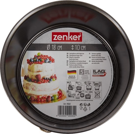 Zenker springvorm Ø 18 cm, met hoge rand en antiaanbaklaag. Bevat afbeelding van een getoond product.