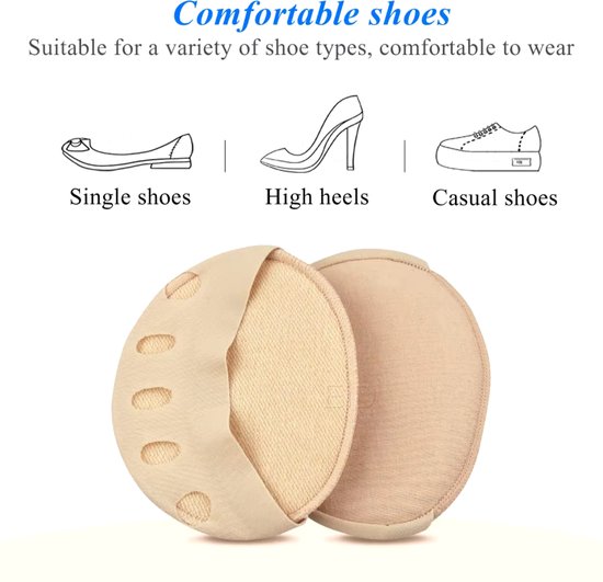 Nude voorvoetpads met perforaties voor ademend vermogen, geschikt voor verschillende schoenen.
