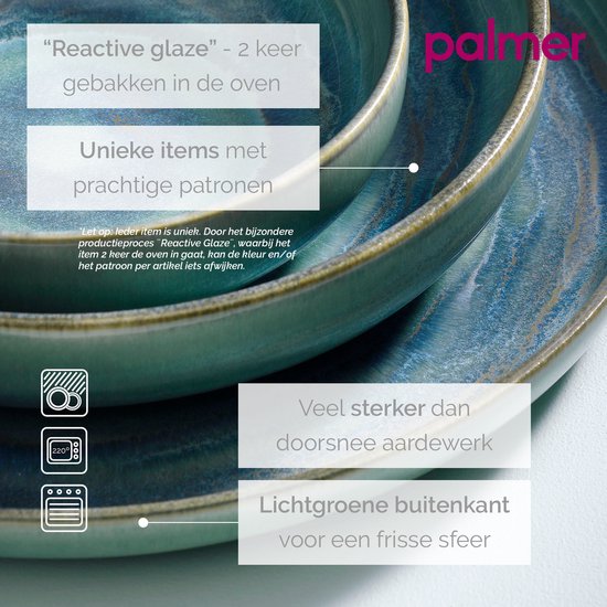 Blauwe en groene borden met reactive glaze en unieke patronen.