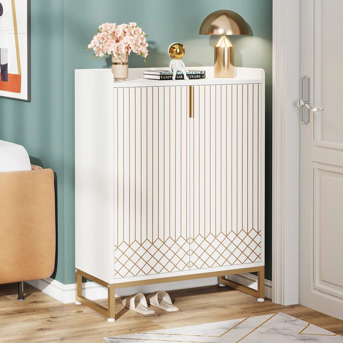 DHN Witte schoenenkast met deuren - 5-laags Schoenenrek - Moderne schoenenkast - Wit met Goud - Houten Opbergkast - Woonkamer kast Wit - Goud