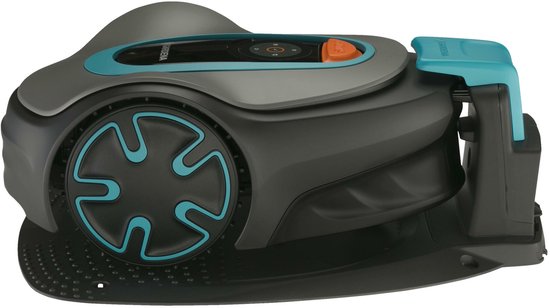 Grijze robotmaaier met turkooizen accenten en een oplaadstation.