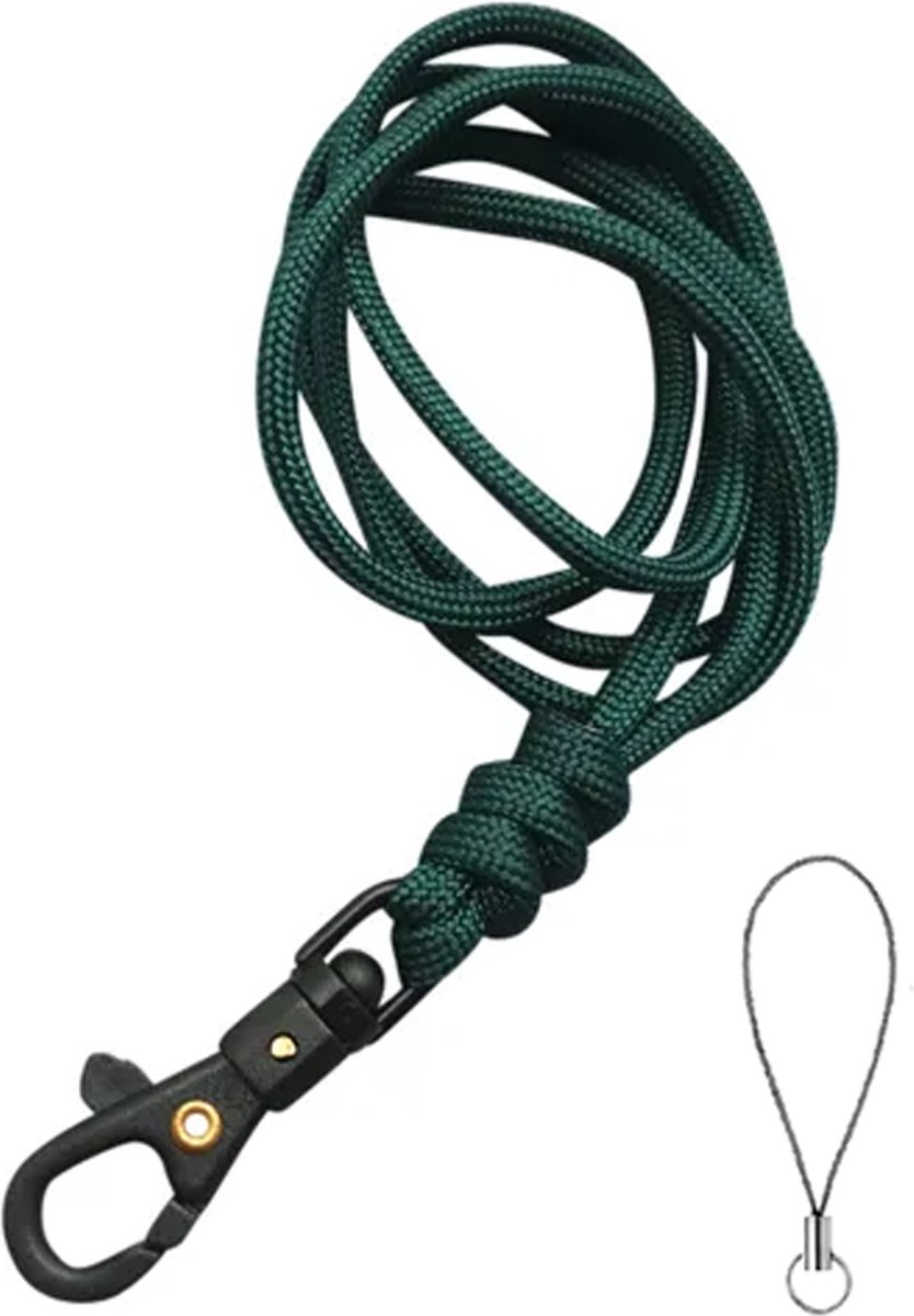 Travel Cords - keycord geknoopt donkergroen - paracord - zwarte karabijnhaak - sleutels en telefoon - lanyard - met telefooncord - sleutelkoord