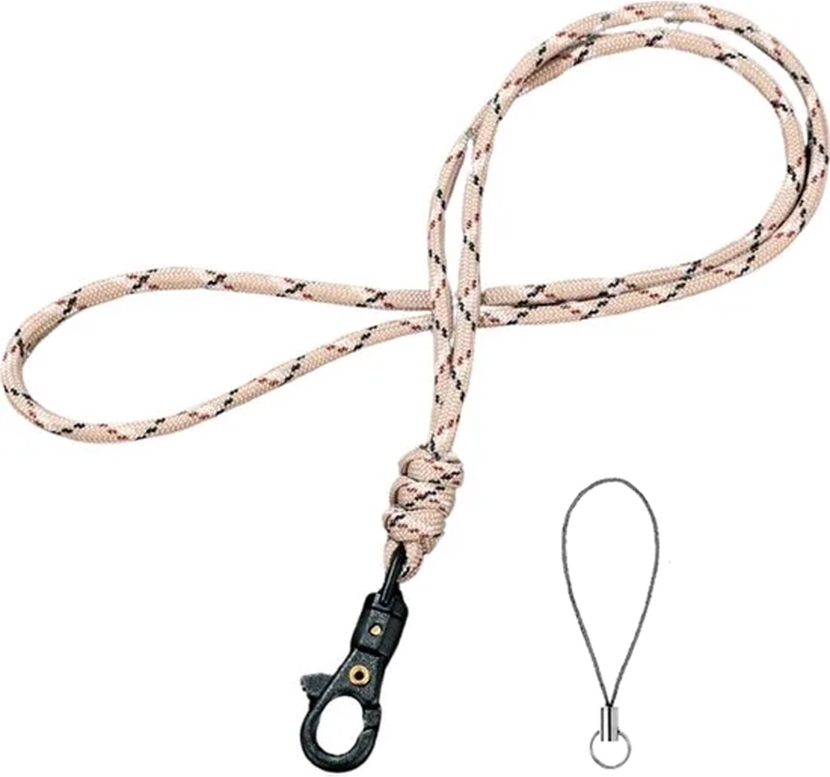Travel Cords - keycord geknoopt zand - paracord - zwarte karabijnhaak - sleutels en telefoon - lanyard - met telefooncord - sleutelkoord