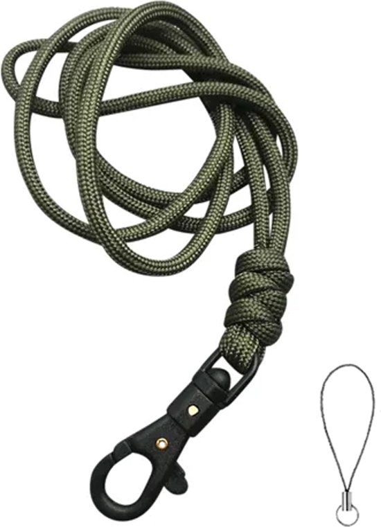 Foto: Travel cords keycord geknoopt legergroen paracord zwarte karabijnhaak sleutels en telefoon lanyard met telefooncord sleutelkoord