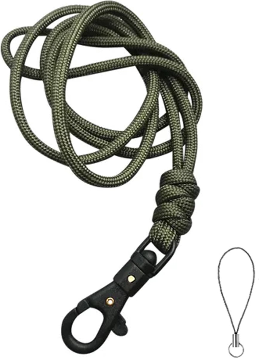 Travel Cords - keycord geknoopt legergroen - paracord - zwarte karabijnhaak - sleutels en telefoon - lanyard - met telefooncord - sleutelkoord