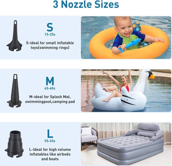 Pompe à air électrique rechargeable par USB pour Lits pneumatiques, Bateaux gonflables et jouets de piscine – Gonfleur et dégonfleur 2 en 1 avec 3 buses