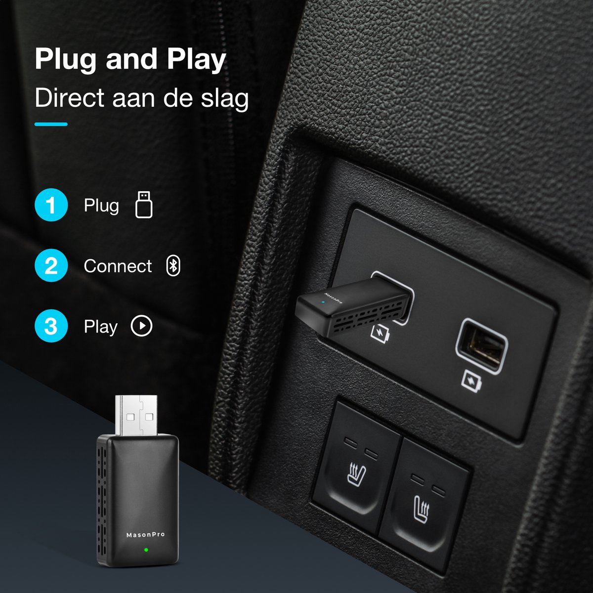 MasonPro 2-in-1 Draadloze CarPlay Android Auto Dongle USB-C/A voor Veilig Navigeren en Handsfree Bellen - Afbeelding 3