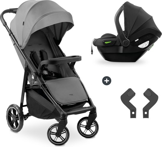 Hauck Shop N Care Travel Set: grijze buggy en zwart autostoeltje met adapters.