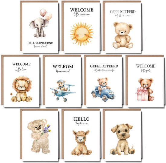 Momentuals - Wenskaarten Geboorte - Geboortekaartjes - Geboorte - Kaartenset - Wenskaarten - Kaartjes om te Versturen - 10 Stuks Gevouwen A6 Kaarten - Inclusief Enveloppen - Uniek Design