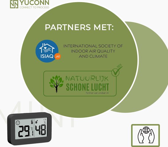 YUCONN Hygrometer - Weerstation - Thermometer Binnen - Digitaal Thermometer En Luchtvochtigheidsmeter - Inclusief Batterij en Plakstrip - Zwart