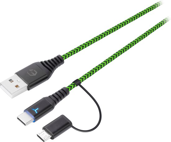 Zwart-groene gevlochten kabel met USB-A, USB-C en Micro-B pluggen.
