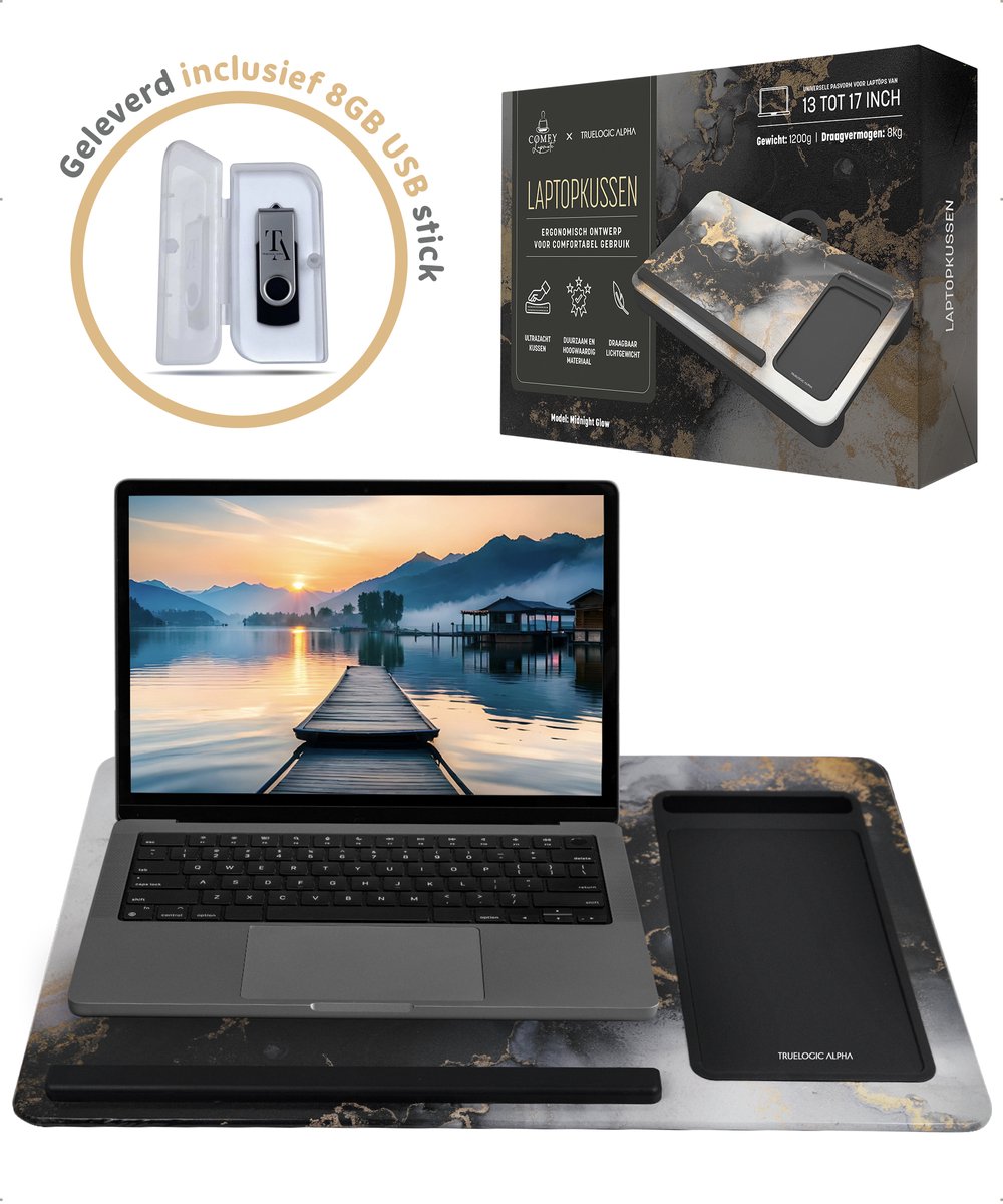 TrueLogic Alpha Laptop standaard - Laptoptafel - Bedtafel - Laptopkussen - Laptopstandaard - Voor laptops t/m 17 inch - Geleverd inclusief 8GB USB stick - Midnight Glow