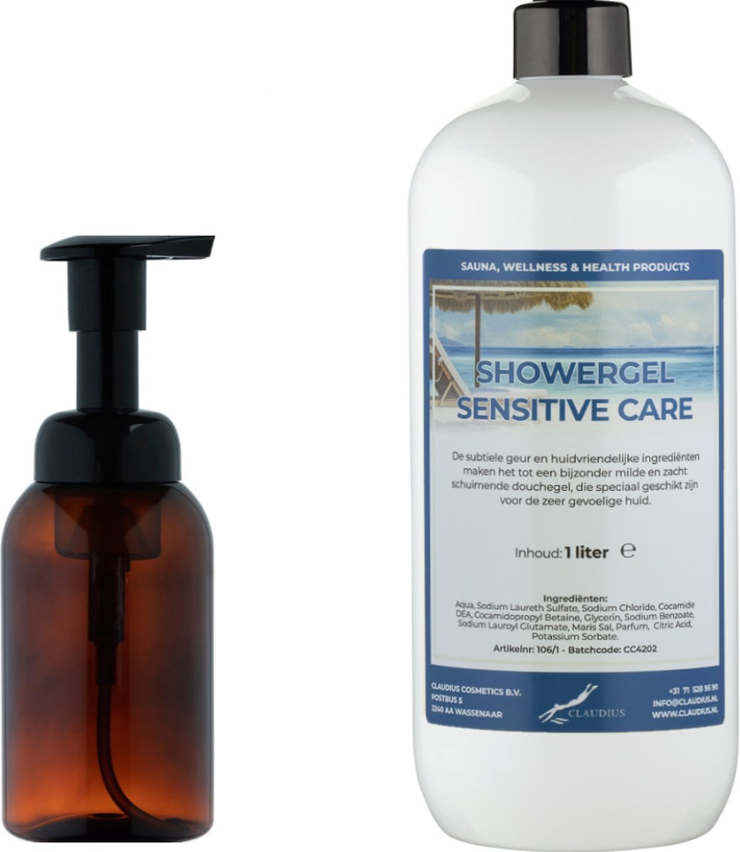 Goedkoopste Zeepdispenser 300 ml amber bruin hervulbaar 1 liter Showergel Sensitive Care navulling