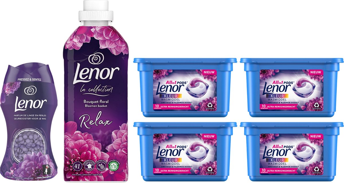 Goedkoopste Lenor Amethist & Bloemen boeket Set - 4x Lenor pods - 1x Wasverzachter 900ML - 1x Geurbooster