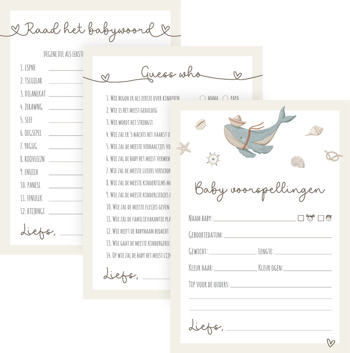 Unieke Ukkies Babyshower invulkaarten Whale, Guess Who & Raad het babywoord - 3 x 10 stuks - A6 formaat