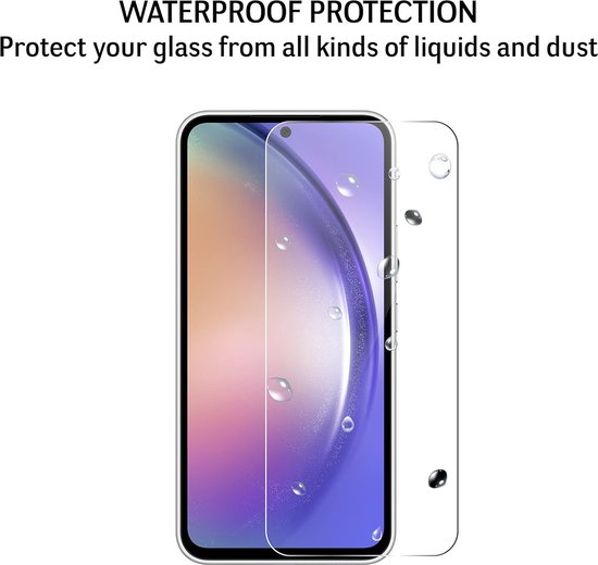 Waterdichte bescherming. Bescherm uw glas tegen allerlei vloeistoffen en stof. Een glazen screenprotector met waterdruppels.