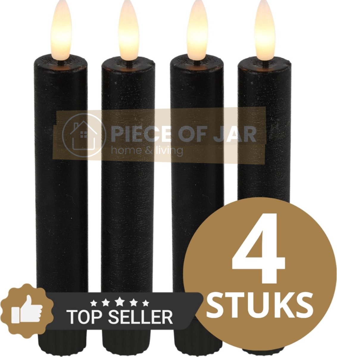 LED kaars Countryfield - Set van 4 - Met Timer - Wax - Afstandsbediening - Zwart - 15 cm - LED kaarsen - ledkaarsen