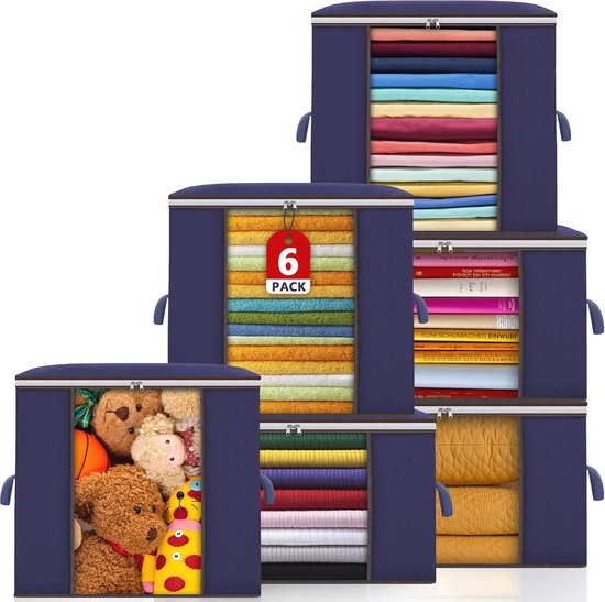 Grote opbergtassen, 6 stuks, transparant, 90 l, met ritssluiting en