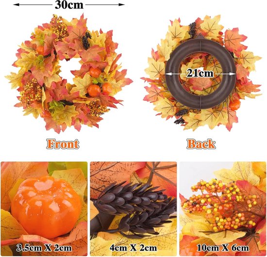Herfstkrans, 30 x 40 cm, herfstdeurkrans met kabouters en esdoornbladeren, kabouters, oogstdeurkrans voor binnen Herfstkrans, 30 x 40 cm, herfstdeurkrans met kabouters en esdoornbladeren, kabouters, oogstdeurkrans voor binnen