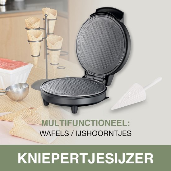 Zwart wafelijzer met ijshoornvorm, uitleg 'Multifunctioneel: Wafels / IJshoorntjes'.