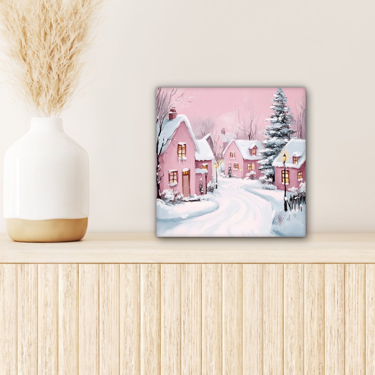 Canvas schilderij 20x20 cm - Wanddecoratie Kerstdorp - Roze - Winter - Sneeuw - Huizen - Muurdecoratie woonkamer - Slaapkamer decoratie - Kamer accessoires - Schilderijen op canvas - Kerstdecoratie voor binnen - Kerstversiering - Kerstmis versiering – foto 2