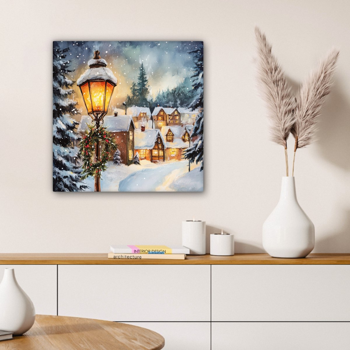 Canvas schilderij 50x50 cm - Wanddecoratie Kerstdorp - Huizen - Sneeuw - Kerst - Muurdecoratie woonkamer - Slaapkamer decoratie - Kamer accessoires - Schilderijen op canvas - Kerstdecoratie voor binnen - Kerstversiering - Kerstmis versiering – foto 2