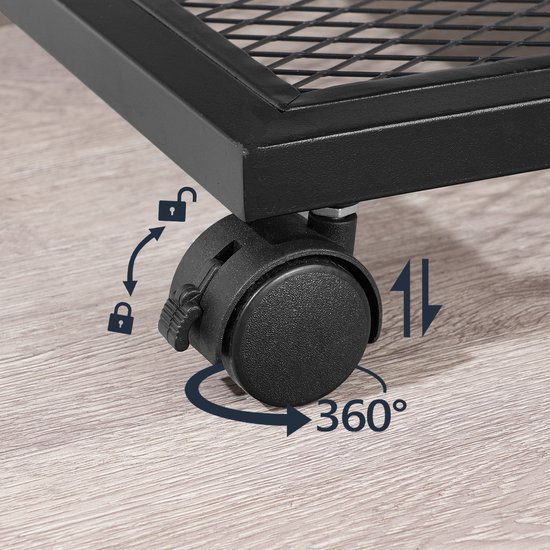 Detail van de vergrendelbare wieltjes van een bijzettafel, met een 360-graden draaibeweging.