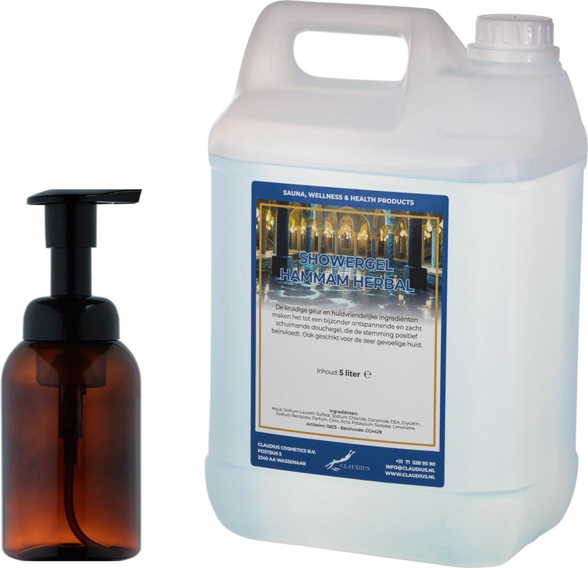 Goedkoopste Zeepdispenser 300 ml amber bruin hervulbaar 5 liter Showergel Hammam Herbal navulling
