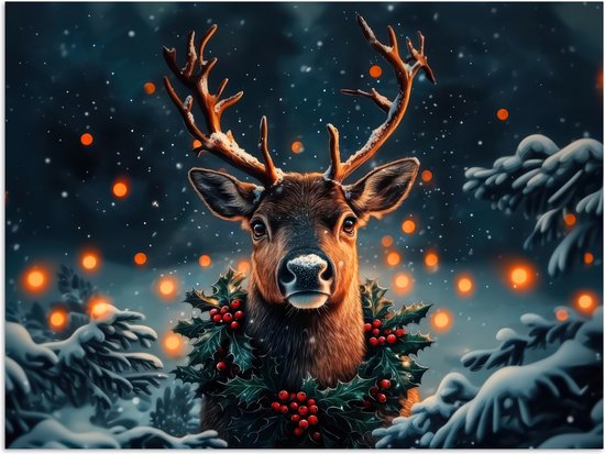 Poster 120x90 cm - Hert - Kerst - Winter - Sneeuw - Kerstkrans - Posters - Kamer decoratie - Wanddecoratie woonkamer - Kerstdecoratie voor binnen - Kerstversiering - Kerstmis versiering in huis - Kerstaccessoires