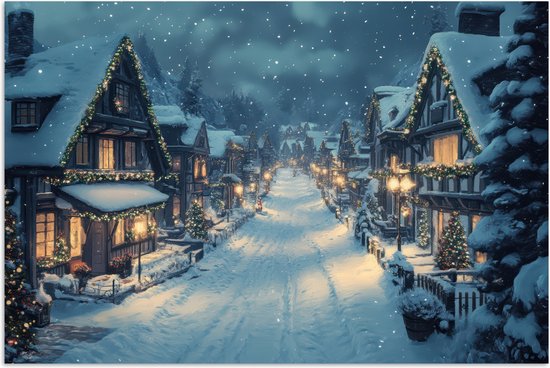 Poster 90x60 cm - Kerstdorp - Kerst - Sneeuw - Winter - Posters - Kamer decoratie - Wanddecoratie woonkamer - Kerstdecoratie voor binnen - Kerstversiering - Kerstmis versiering in huis - Kerstaccessoires