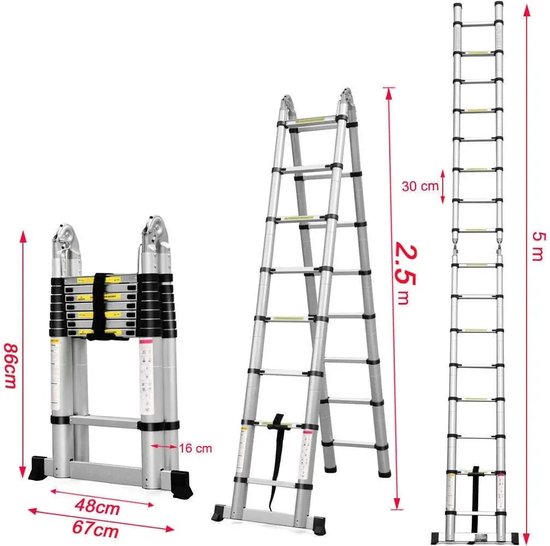 LARS360 Telescopische ladder, multifunctioneel, uittrekbaar, 12 treden, van hoogwaardig aluminium, belastbaar tot 150 kg LARS360 Telescopische ladder, multifunctioneel, uittrekbaar, 12 treden, van hoogwaardig aluminium, belastbaar tot 150 kg