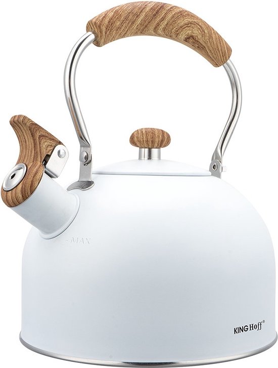 Kinghoff 1860 - Bouilloire sifflante avec flûte - 2,5 litres - Acier inoxydable - Wit avec manche en bois