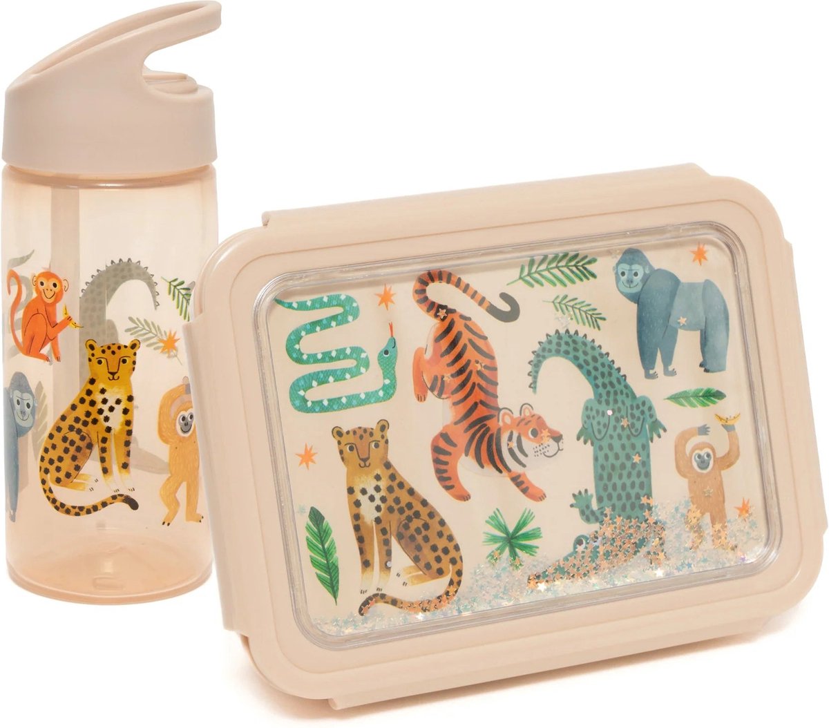 BEAU by Bo Petit Monkey Back to School set - Bentobox + Drinkfles Upside Down Animals - Beige