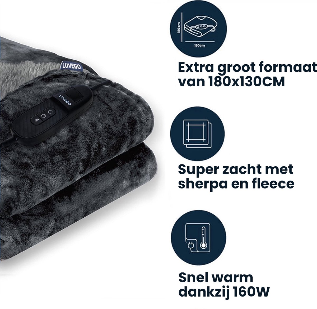Afbeelding 2 van Luvego Elektrische Bovendeken Warmtedeken XL met Fleece/Sherpa | 1 Persoons Omslagdeken | Plaid 180x130 CM | 3.5 Meter Kabel | 160W | Grijs