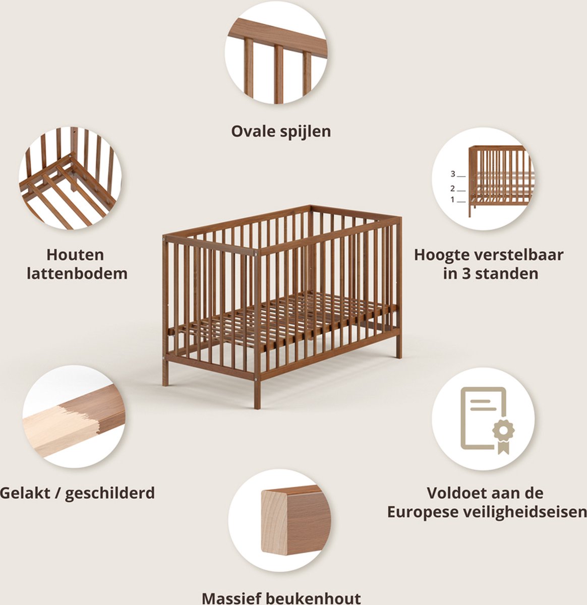 Petite Amélie ® Ledikant - 60 x 120 cm - Lattenbodem instelbaar in 3 hoogtes - Geschikt tot ongeveer 2 jaar - Stevig Bed dankzij Massief Hout & Sterk Plaatmateriaal - Walnoot – foto 8