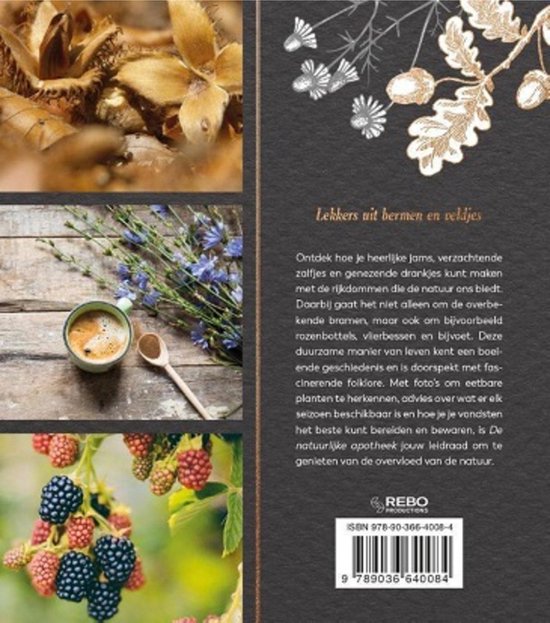 Boekomslag met illustraties van noten, bessen, bloemen en een kop koffie. Tekst: 'Lekkers uit bermen en veldjes'.