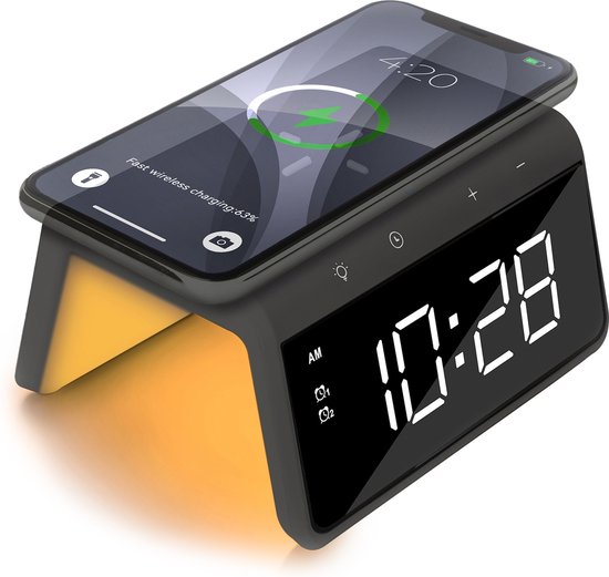 Caliber Wekker - Draadloze Oplader - Wake-up Light - Digitale wekker - Wekkers digitaal - Digitale klok - Antraciet Grijs (HCG019QI-SG)