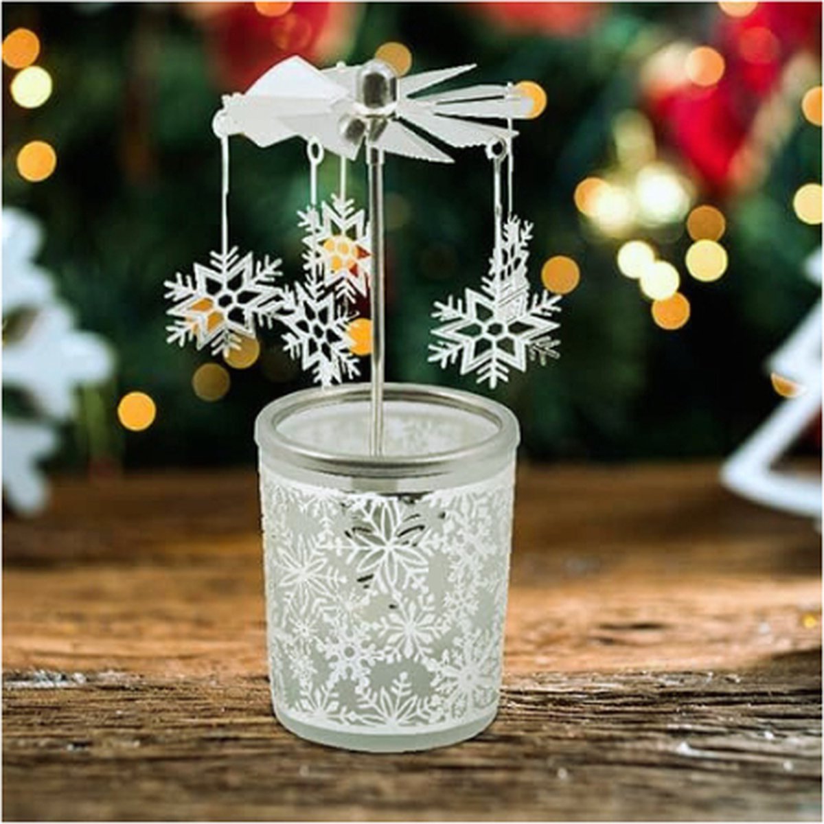 Kingnero Schneeflocke Windlicht Karussell, Glas teelichthalter karussell ,Drehbar Kerzenhalter windmühle Kerze für Weihnachten Geschenke für Kinder (Silber