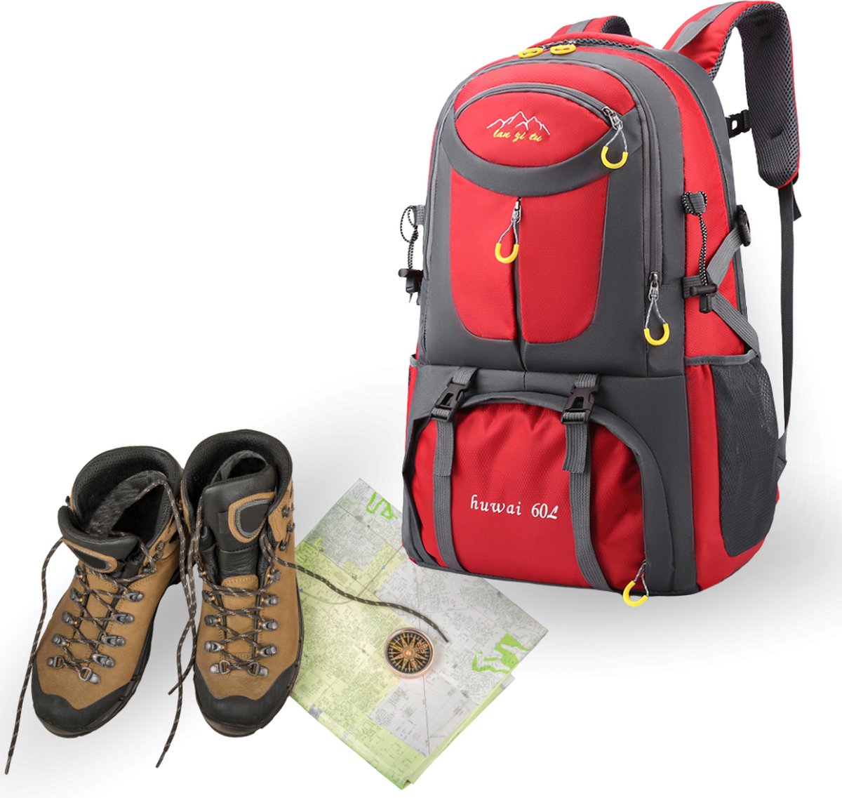 Premium Backpack 60L – Duurzame Reistas met Verstelbaar Rugsysteem - Rood